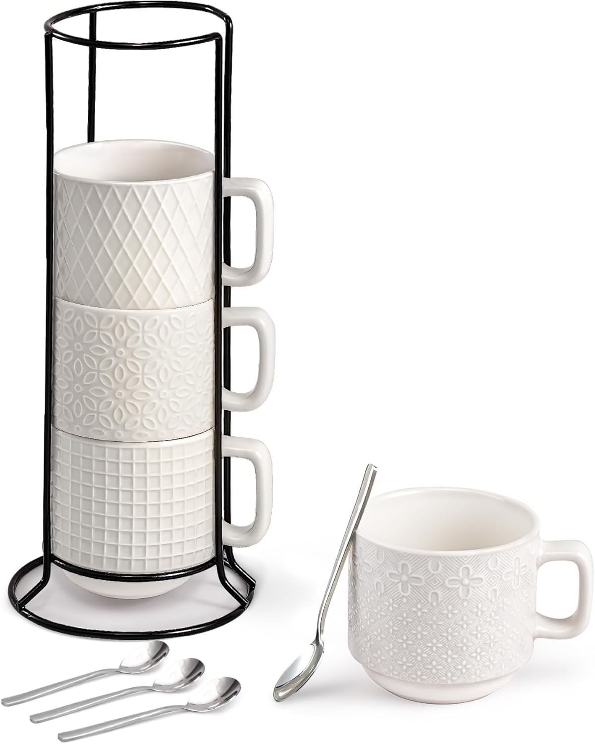Stackable Coffee Mug Set of 4 with Stand, 10oz Ceramic Cups with Spoons – Ribbed Porcelain Mugs for Tea, Latte, Cappuccino – Microwave & Dishwasher Safe – Gift for Home & Office Use (White)