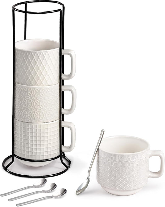 Stackable Coffee Mug Set of 4 with Stand, 10oz Ceramic Cups with Spoons – Ribbed Porcelain Mugs for Tea, Latte, Cappuccino – Microwave & Dishwasher Safe – Gift for Home & Office Use (White)