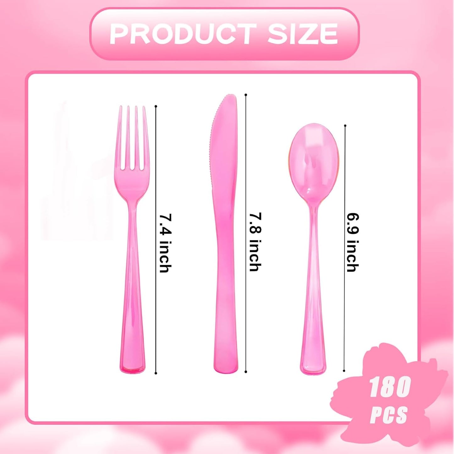 WDF 180 Pieces Pink Plastic Silverware Disposable - Clear Pink Cutlery Sets 60 Forks, 60 Knives and 60 Spoons - Heavy Duty Disposable Utensils for Wedding, Party