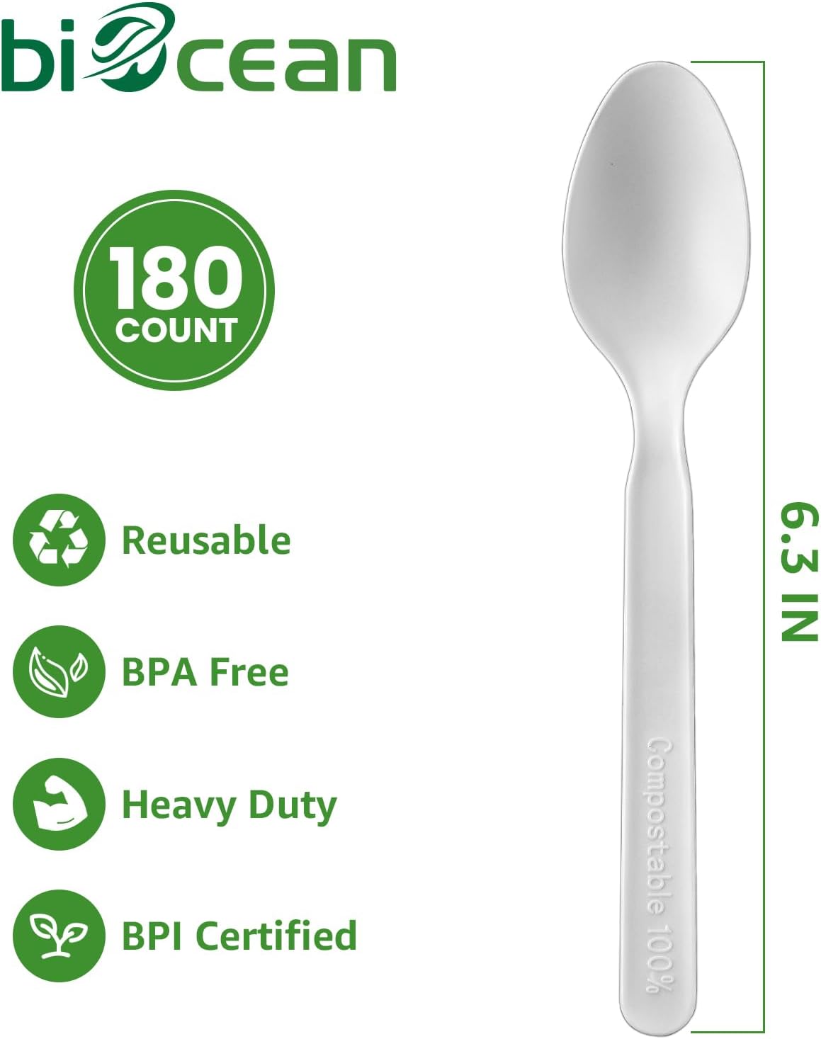 100% Compostable Spoons 180 Count Disposable Spoons Utensils Set Heavy Duty Spoons Silverware Eco Friendly Flatware for Party Camping Picnics Wedding-Ivory White