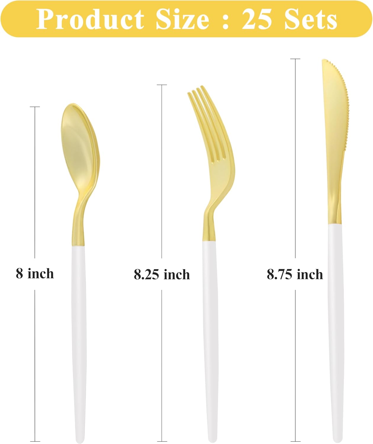 75 PCS White Gold Plastic Utensils for 25 Guests, Gold Disposable Silverware with 25 Knives, 25 Spoons and 25 Forks, BPA Free, Ideal for Weddings, Birthdays & Graduation
