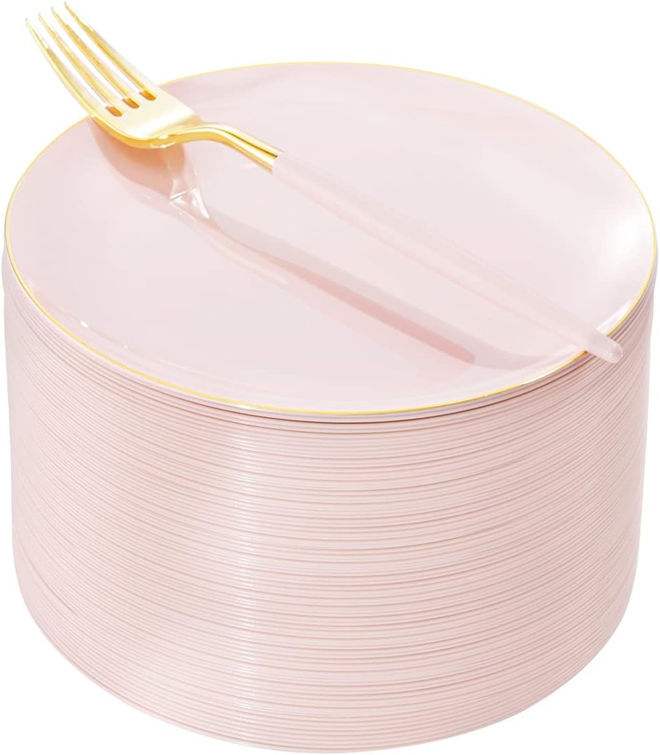 I00000 72PCS Pink Plastic Dessert Plates with Disposable Forks, Premium Pink Cake Plates, Fancy Apetizer Plate with Gold Rims Perfect for Party