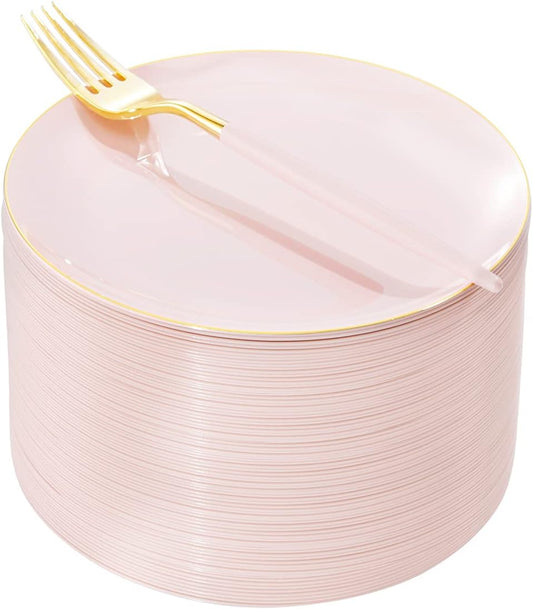 I00000 72PCS Pink Plastic Dessert Plates with Disposable Forks, Premium Pink Cake Plates, Fancy Apetizer Plate with Gold Rims Perfect for Party
