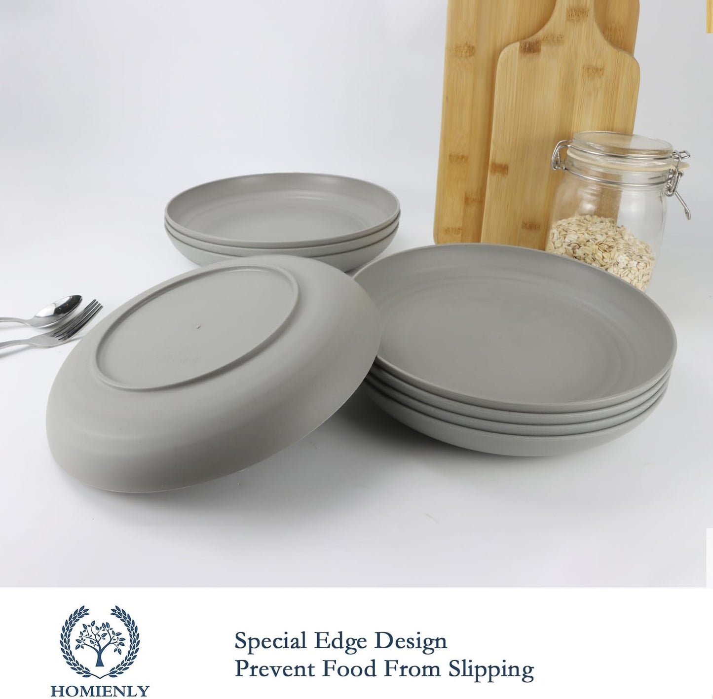 Homienly Deep Dinnerware Set of 12 - Alternative to Plastic, Microwave & Dishwasher Safe Wheat Straw Plates for Kitchen - Unbreakable Kids Plates (Grey, 10 inch)