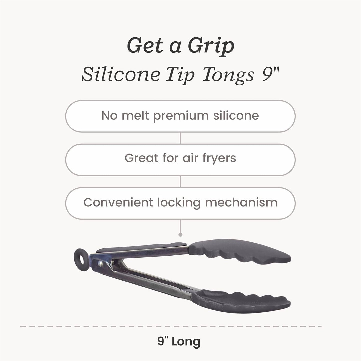 StarPack Premium Silicone Kitchen Tongs 9-Inch - Stainless Steel with Non-Stick Silicone Tips, High Heat Resistant to 600°F, For Cooking, Serving, Grill, BBQ & Salad (Gray Black)