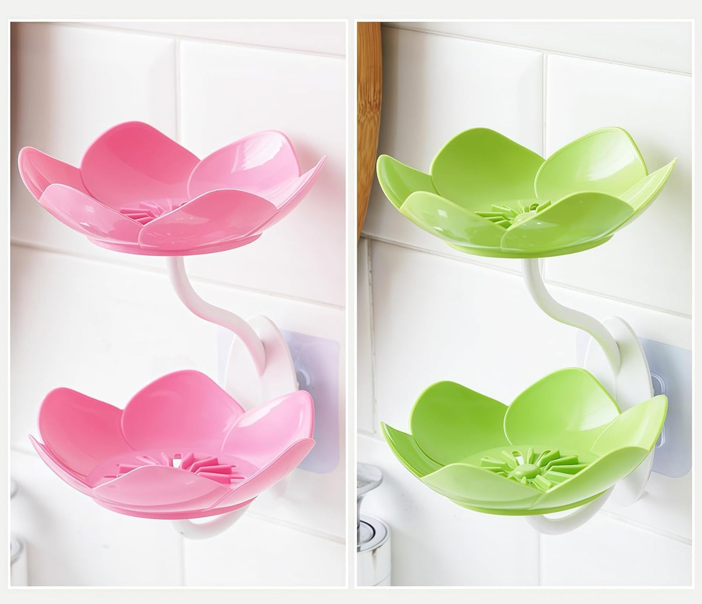 2 Pack Soap Dish Holder for Shower Bar Double Layer Cute Lotus Shape Adhesive Tray Sink Wall Mounted Shampoo NO-Drilling Self Draining Hanging Saver Rack Plastic Bathroom Bathtub Kitchen，Pink+Green