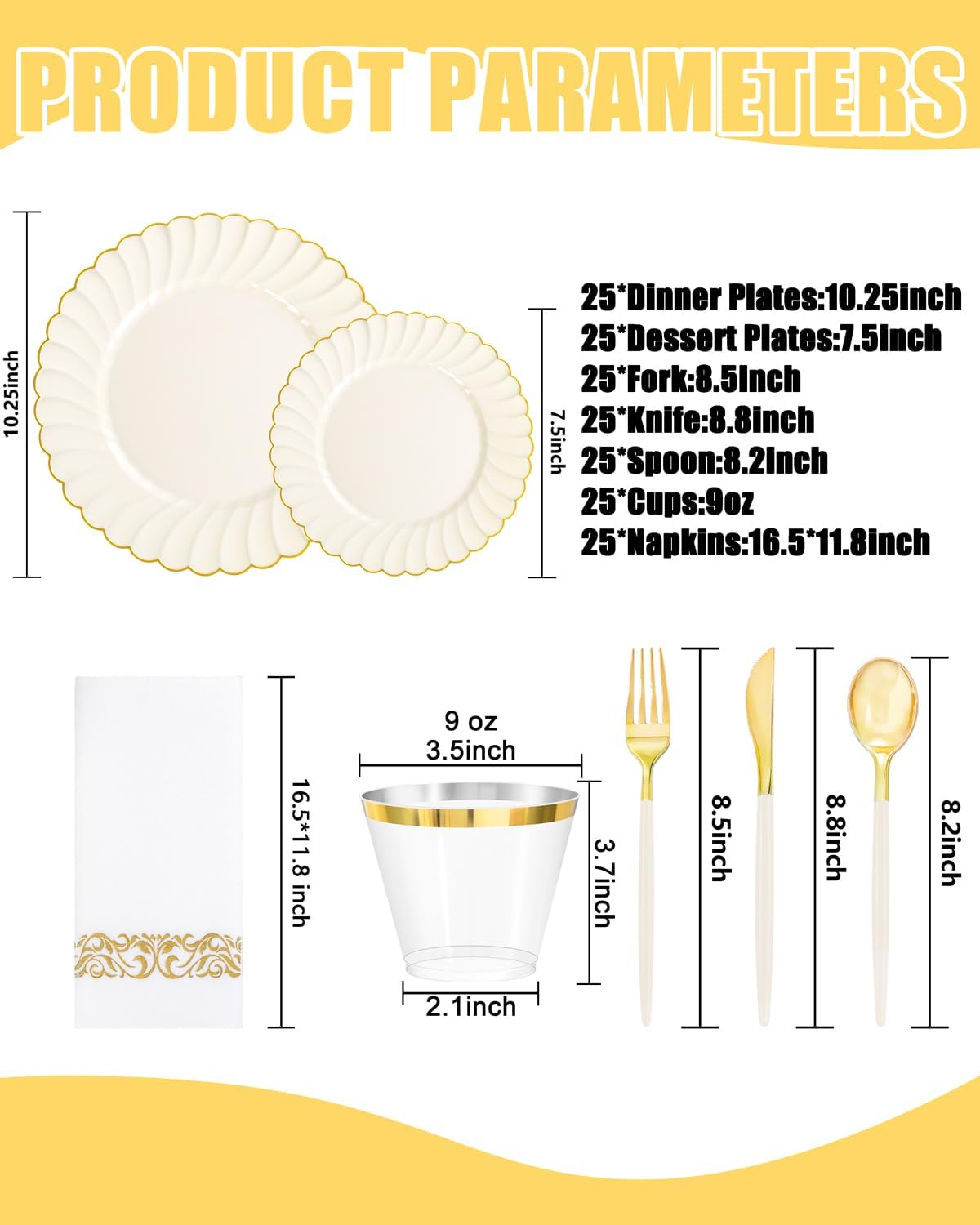 Ciaell 175 PCS Ivory Scalloped Plastic Plates with Gold Trim - Gold Plastic Silverware with Handle - Fancy High-end Dinnerware Sets for Wedding & Showers & Party & Thanksgiving (25 Guests)