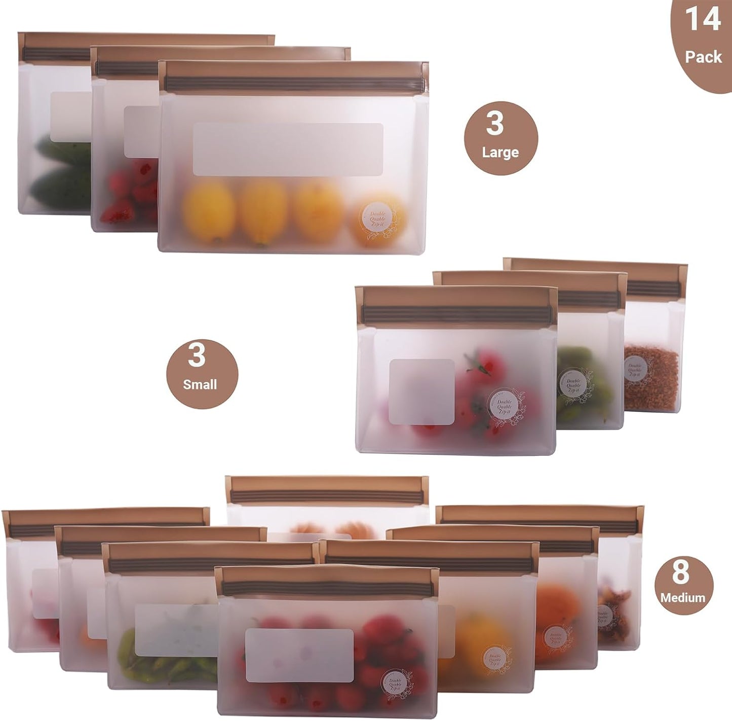 Reusable Food Storage Bags – 14-Pack Stand-Up, BPA-Free, Freezer, Dishwasher Safe & Eco-Friendly – 3 L, 8 M, 3 S Bags – Airtight Leakproof, Sandwich, Snack, and Meal Prep Baggies (Grey)