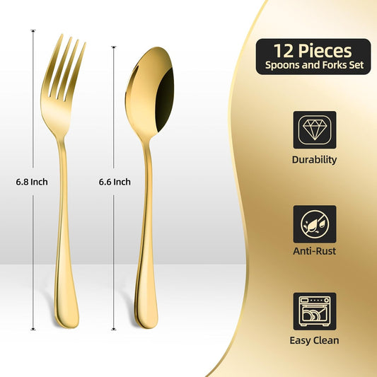 12 Pieces Spoons and Forks Set,Food Grade Stainless Steel Flatware Cutlery Set,6 Forks(6.8 inch)and 6 Spoons(6.6inch)Silverware Set for Home,Kitchen,Restaurant-Mirror Polished & Dishwasher Safe(Gold)