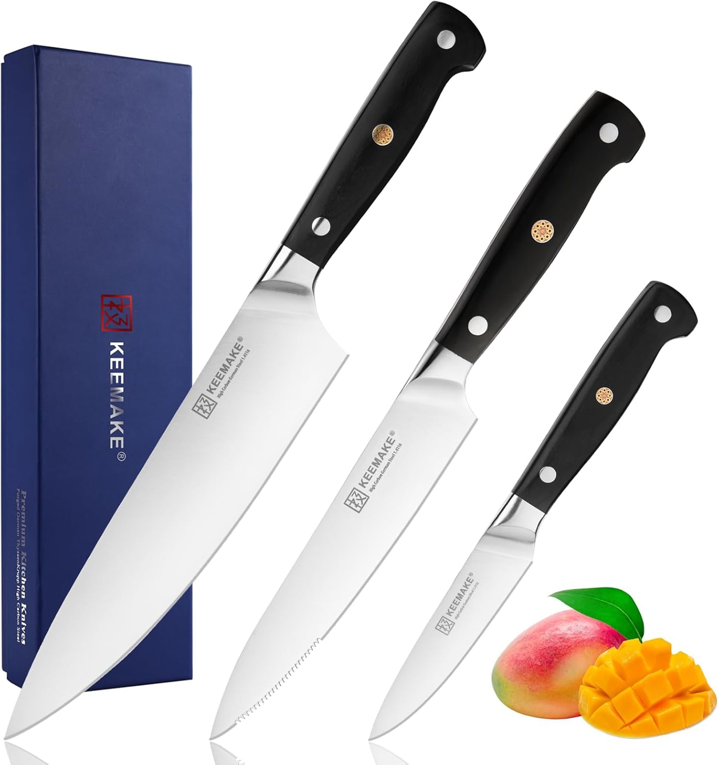 KEEMAKE Kitchen Knife Set, 3PCS Sharp High Carbon Stainless Steel Knives Set for Kitchen with Ergonomic Handle, Chef Knife set Professional Carving Knife Set for Meat Vegetable Fruit