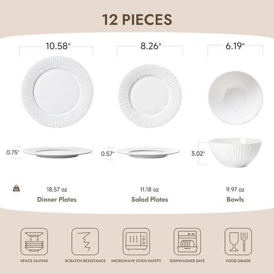 KINGSTONE Bone China Dinnerware Set, 12-Piece White Lightweight Porcelain with Textured Design Service for 4, Plates, Bowls, for Family Dining, Restaurants, Gifting，Microwave and Dishwasher Safe