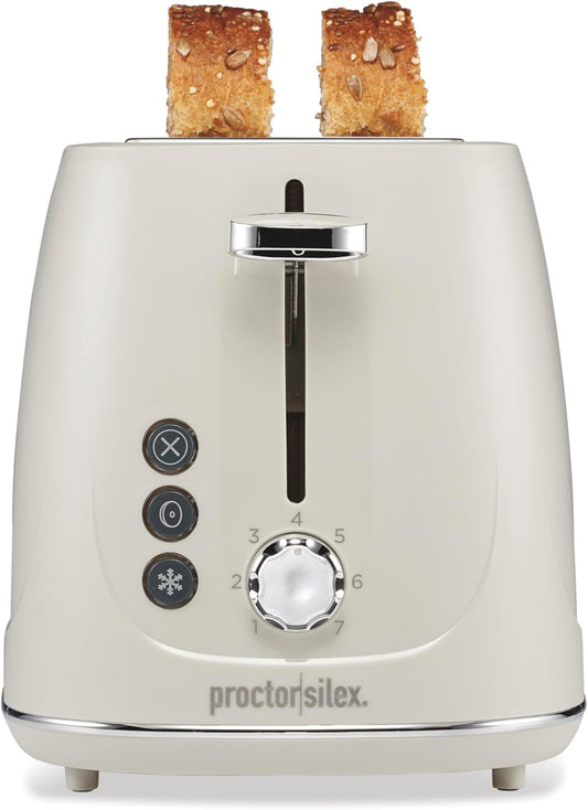 Proctor Silex Plastic 2 Slice Toaster, Bagel, Defrost & Cancel Buttons, Browning Control With 7 Shades, Auto Shutoff, Slide-Out Crumb Tray, Oat White (22660)