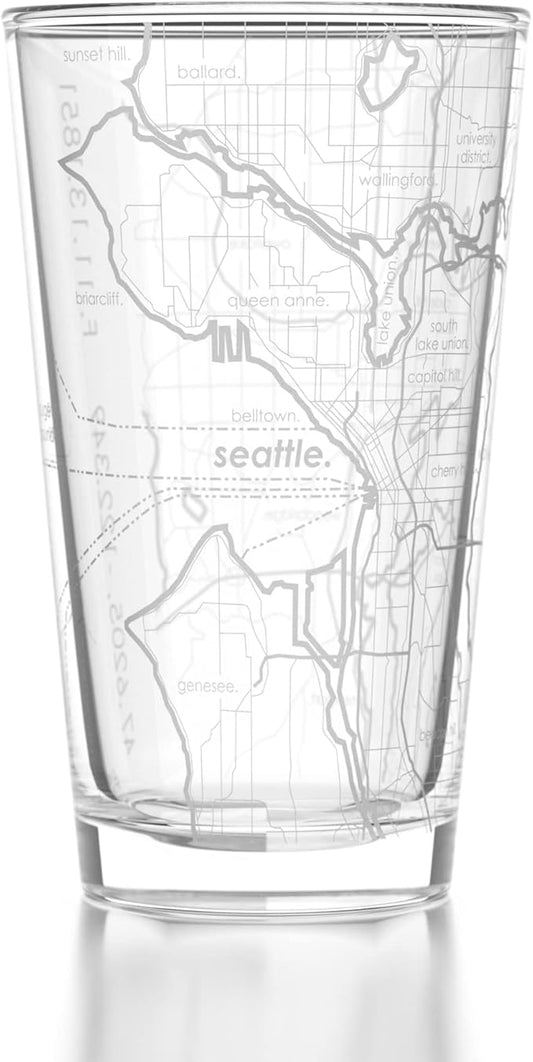 Well Told Engraved Seattle Washington Map Pint Glass, Etched Beer Gift (16 oz, Clear) City Map Pint, Custom City Glassware, Gifts For Beer Lovers