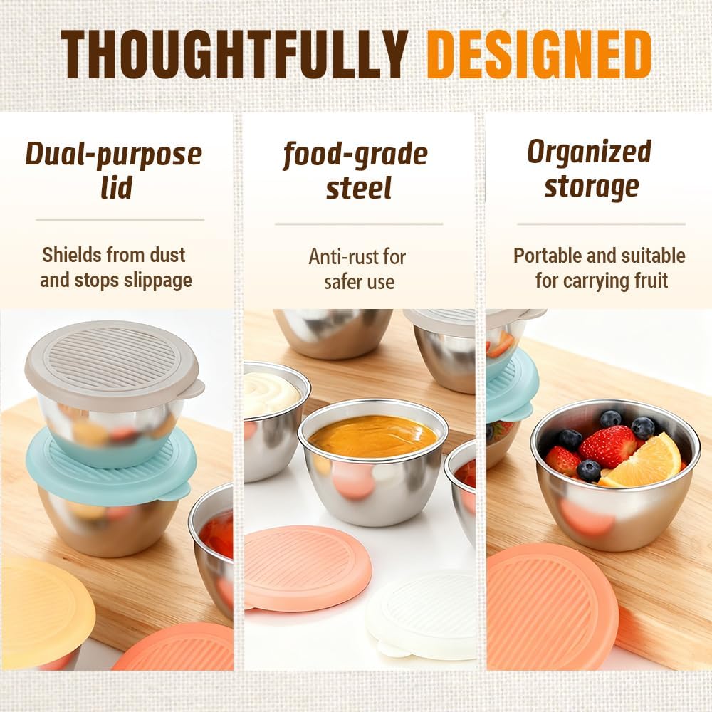 6 Pack Salad Dressing Container To Go, 2.7 oz Small Condiment Containers with Lids, Reusable Stainless Steel Sauce Cups, Leakproof Silicone Lids for Lunch Bento Box, Picnic and Travel (6)