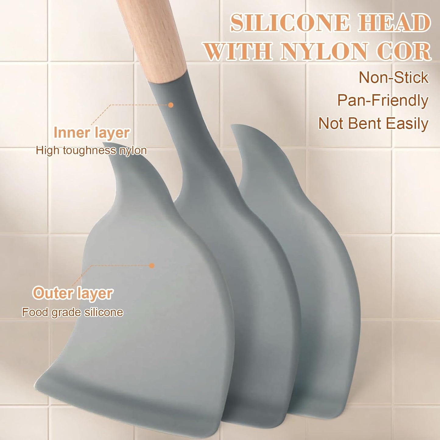 Unokit Silicone Cooking Utensils Set for Kitchen - 38 PCS Utensils Set, 446℉ Heat Resistant Cooking Utensils Spatula Set with Wooden Handle and Holder, Gadgets for Non-Stick Cookware, Grey