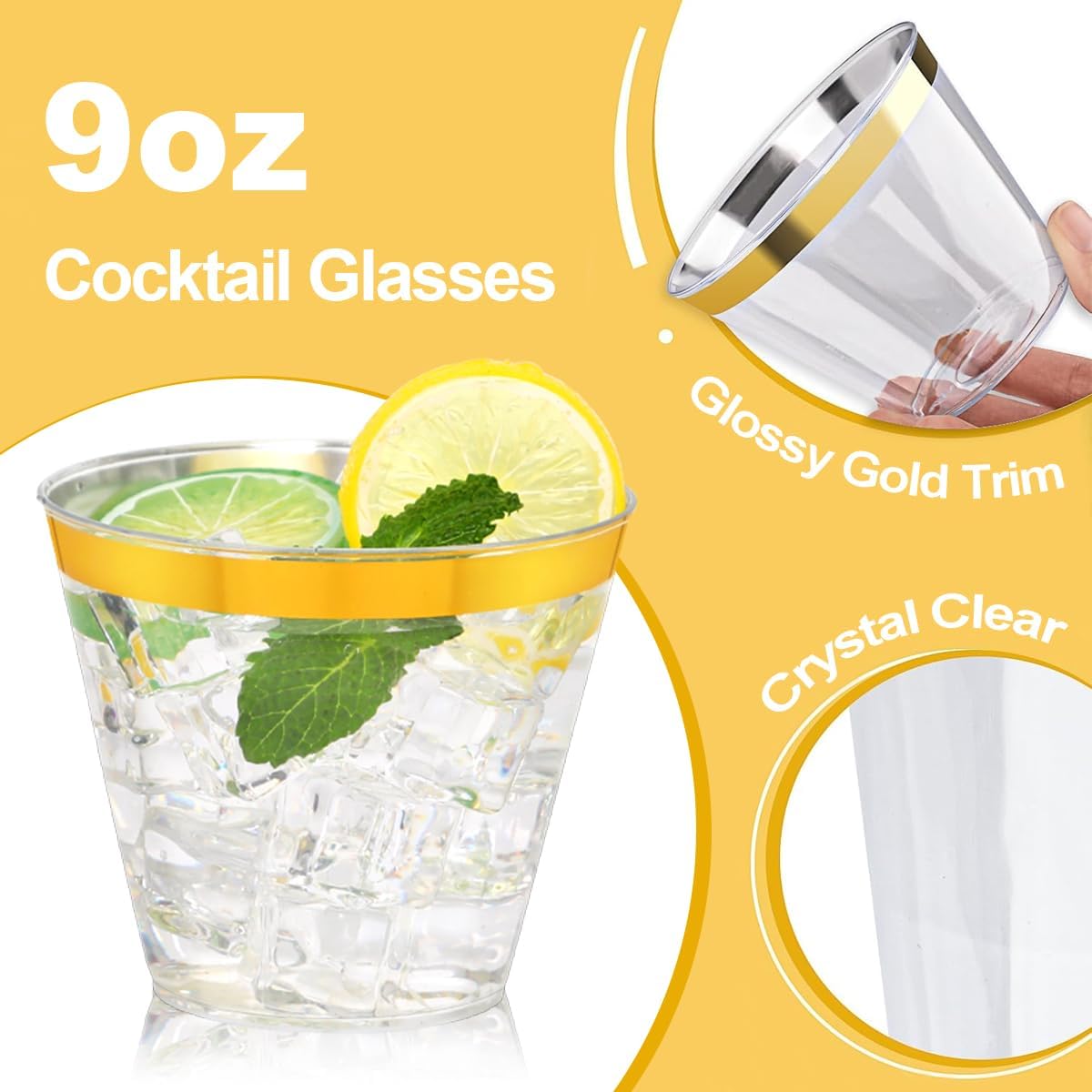 200 Pcs Gold Plastic Cups,9Oz Gold Rimmed Plastic Cups,Heavy Duty Gold Rim Clear Disposable Plasitc Cocktail Tumblers Wine Cup for Party,Wedding,Birthday,Christmas