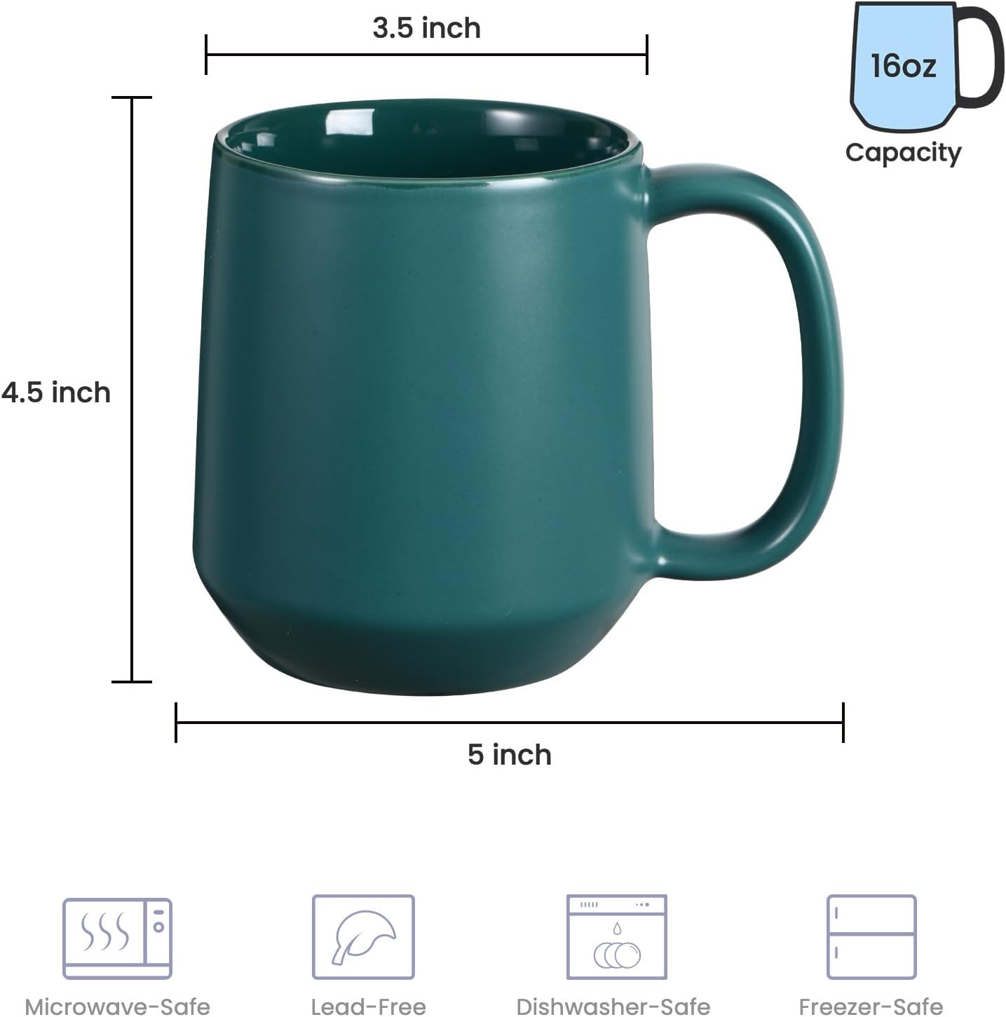 Miicol Ceramic Coffee Mug, 16 oz Large Coffee Cup, Tea Mug with Handle, Flat Bottom Mug for Men, Women, Office, Microwave and Dishwasher Safe, Multi-Color, Turquoise