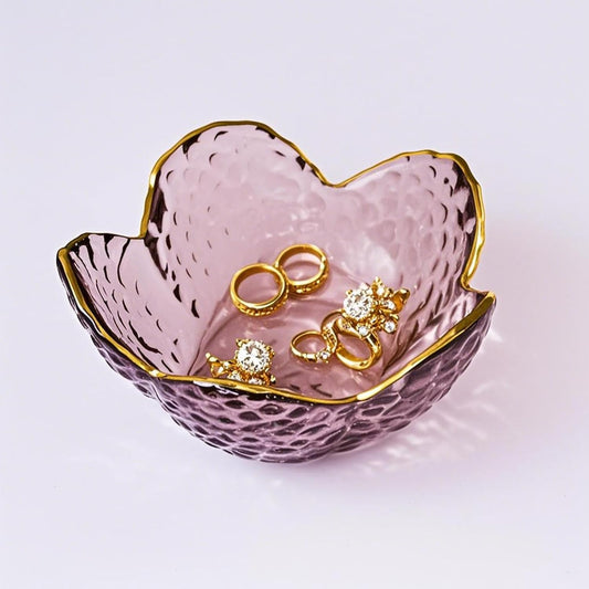 Small Pink Glass Jewelry Dish Tray, Bathroom Jewlery Tray, Flower Ring Dish Jewlry Plate, Crystal Engagement Jewerly Ring Holder for Women, Nightstand Decor Trinket Jewelry Bowl Gift for Mom