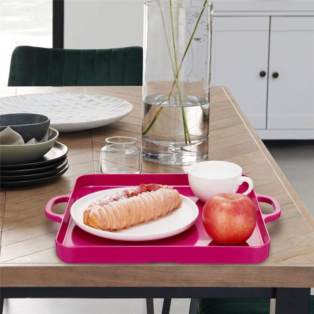 Square Serving Trays with Handles Melamine Hot Pink 12.5x12.5 Inch Spill Proof Kitchen Eating Trays Set of 2 for Cafeteria Cafe Food Appeizer Dessert Snack Dinner Lunch Breakfast,TR12-02