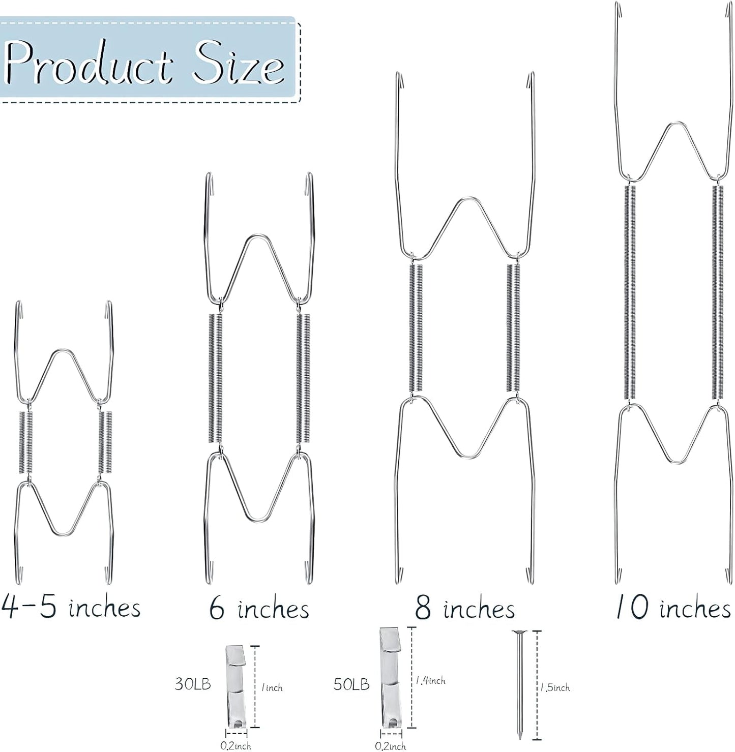 20 Pieces Invisible Wall Plate Hangers 4/5/6/8/10 Inches Wall Plate Hangers Stainless Steel Decorative with 20 Pieces Hook with Nails for Decorative Antique and Arts(Silver)