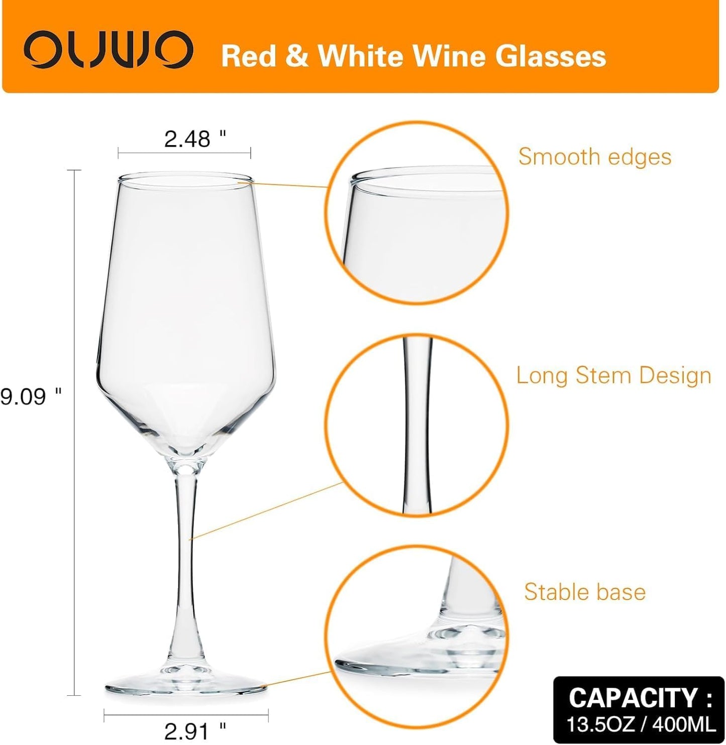 Wine Glasses Set of 6, 13.5oz Red White Wine Glasses,Lead-free Long Stem Wine Glasses for Home, Party, Wedding, Ideal Wine Accessories Gift,Clear