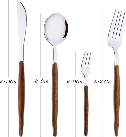 16-Piece Silverware Set with Cake Fork, Silver Stainless Steel Flatware Cutlery, Eating Utensils with Wooden Effect Handle, Includes Knife, Fork, Spoon, Mirror Finish, Dishwasher Safe