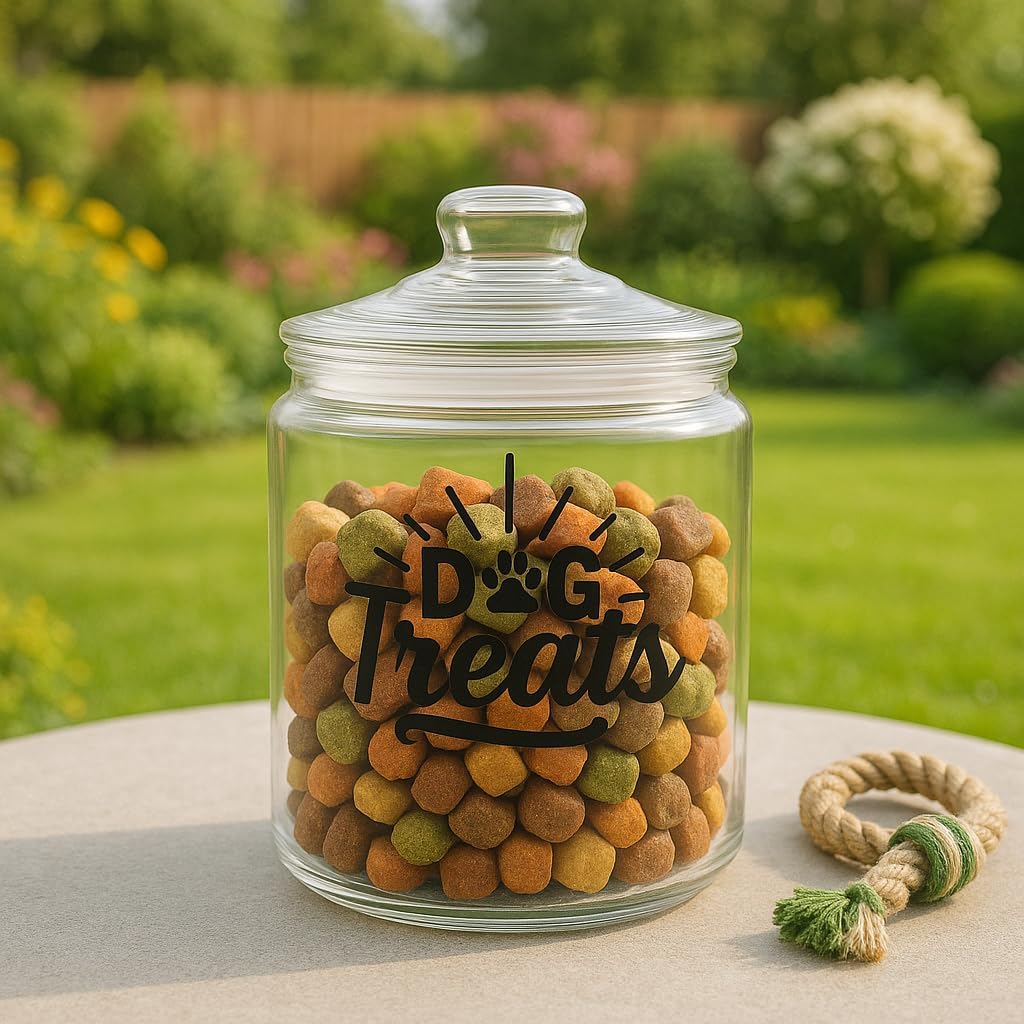 kitchentoolz 1-Gallon Glass Dog Treat Container Airtight – Large Countertop Dog Cookie Jar with Lid for Dog Treat Storage, Decorative Treat Jar & Dachshund Accessories