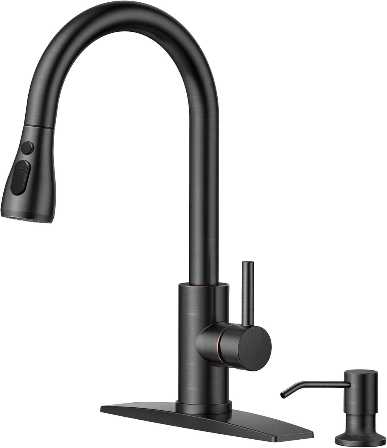 FORIOUS Kitchen Faucet with Soap Dispenser, Single Handle Stainless Steel Transitional Sink Faucet with Pull Down Sprayer 1 or 3 Hole, Suitable for Farmhouse Laundry Camper RV Bar, Oil Rubber Brown