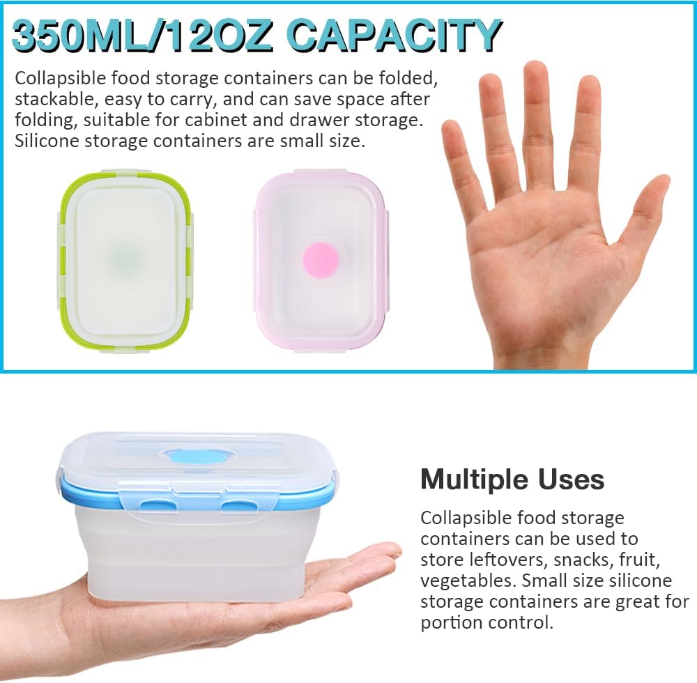 Collapsible Small Silicone Food Storage Container(12 Oz) 4 Pack, Silicone Storage Containers for Snack, Fruit, Stackable, Space Saving