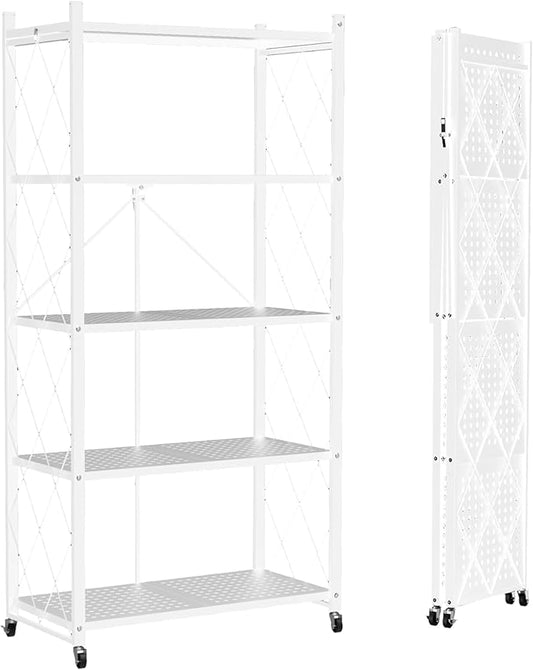 Lifetime Home 5-Tier Foldable Storage Shelf with Wheels - Metal Rack Collapsible Shelving Unit Display, Rolling Cart for Books Kitchen Storage Shelves, Pantry & Closet Organizer, Office Room Decor