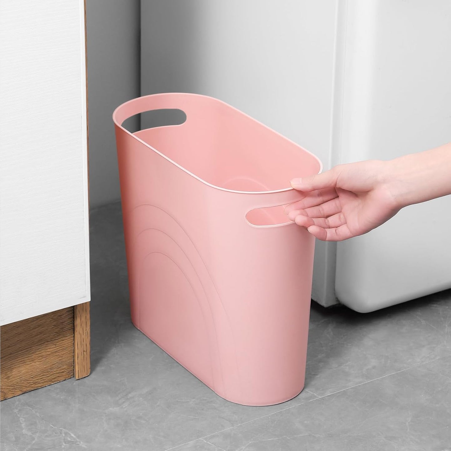 rejomiik Small Trash Can, 3.5 Gallon Slim Garbage Can Plastic Waste Basket with Handles Container Bin for Narrow Spaces Bathroom, Bedroom, Kitchen, Office at Home, Rosette Pink