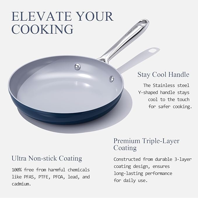 Nonstick Ceramic Frying Pan 10 Inch Induction Compatible - Non Toxic, PTFE/PFOA/PFAS Free, Oven & Dishwasher Safe up to 500°F - Non Stick Small Skillet with Stay-Cool Handle - Navy Blue