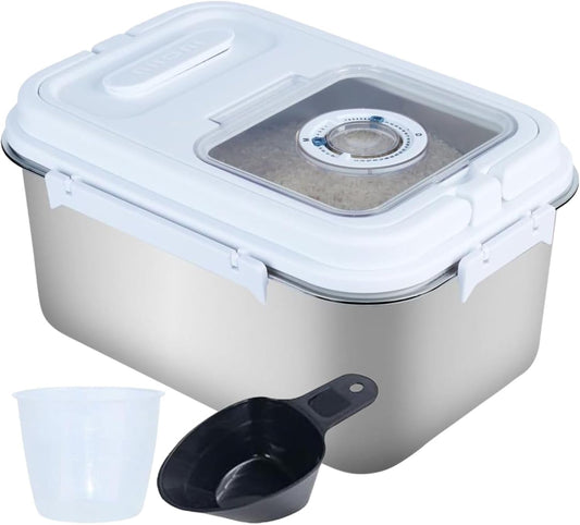 Saim Rice Storage Container Bin, 20lb Stainless Steel Food Storage Containers with Silicone Lid, Measuring Cup, Spoon, Rice Dispenser for Flour, Sugar,and Baking Supplies