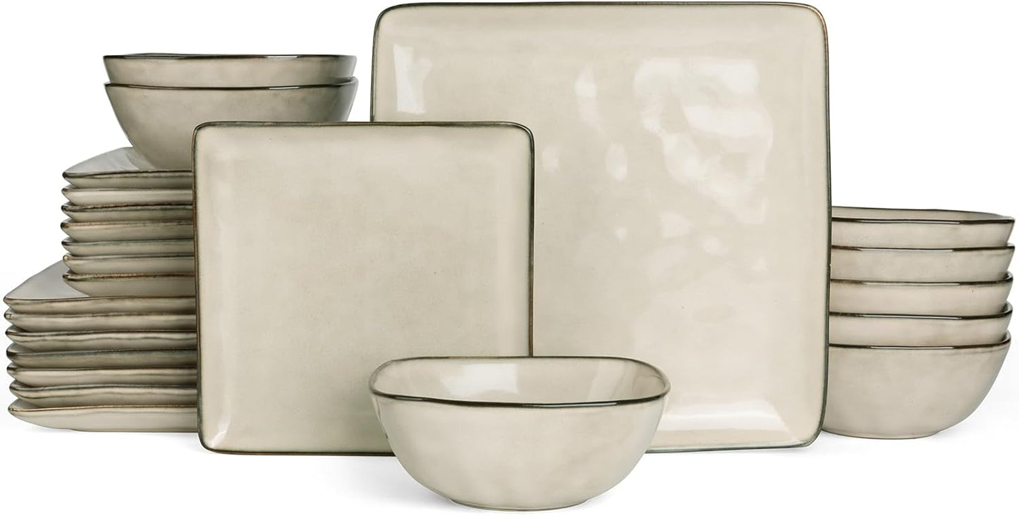 Famiware Dinnerware Sets for 8, Ocean Square 24-Piece Kitchen Plates and Bowls Sets, Microwave and Dishwasher Safe, Scratch Resistant, Light khaki