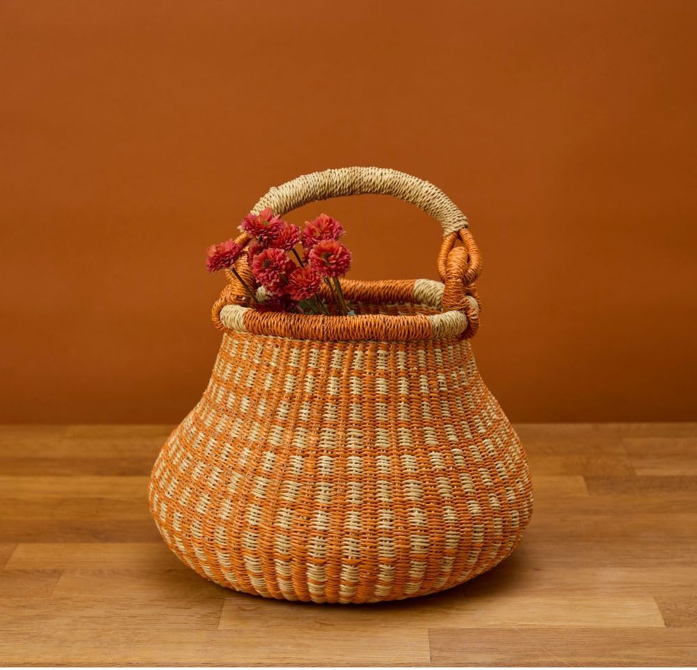 Small Orange Pot Decorative Basket for Living Room, Shelf Basket, Home Decor, Fruit Bowl, Kitchen Countertop Storage, Harvesting, Wicker, Woven