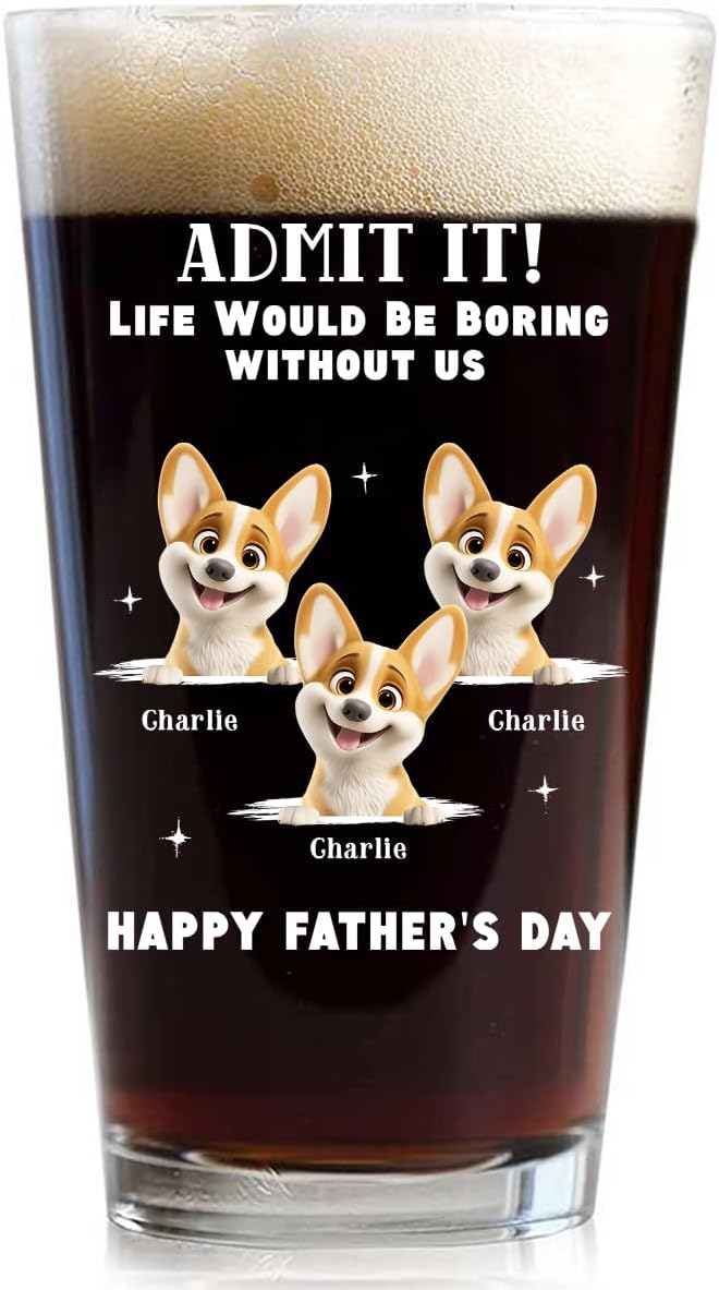 Wrappiness Best Mom Dad Logo Personalized Custom Beer Glass - 16oz Glassware for Beer Soda Cocktails - Gift for Dog Lovers, Father's Day, Birthday Gift for Parents (B07, 3 Dogs)