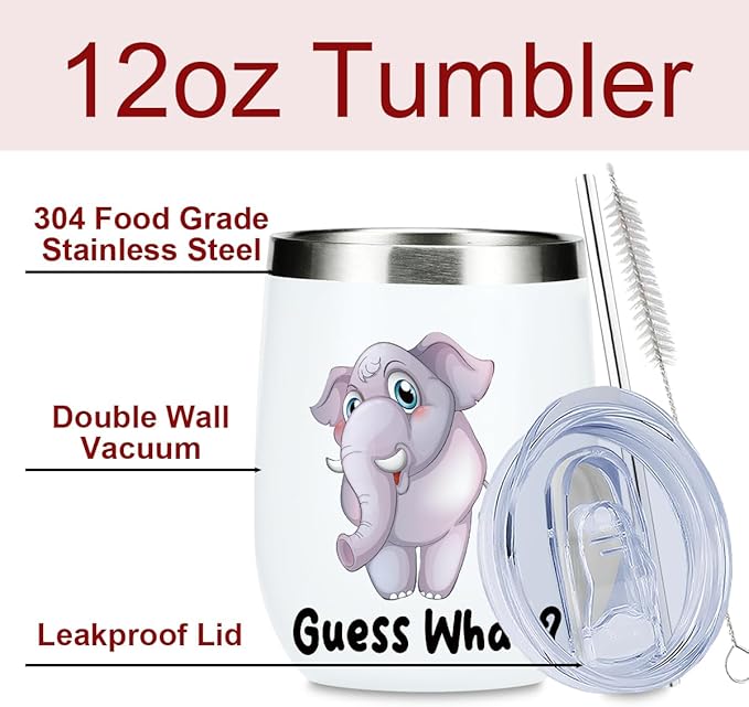 Cute Funny 12 oz Tumbler, Wine Tumbler Insulated Wine Glass with Lid, Elephant Gifts Elephant Supplies Accessories for Women Girls Boys Daughter Sister Animal Lovers Friendship Christmas Birthday