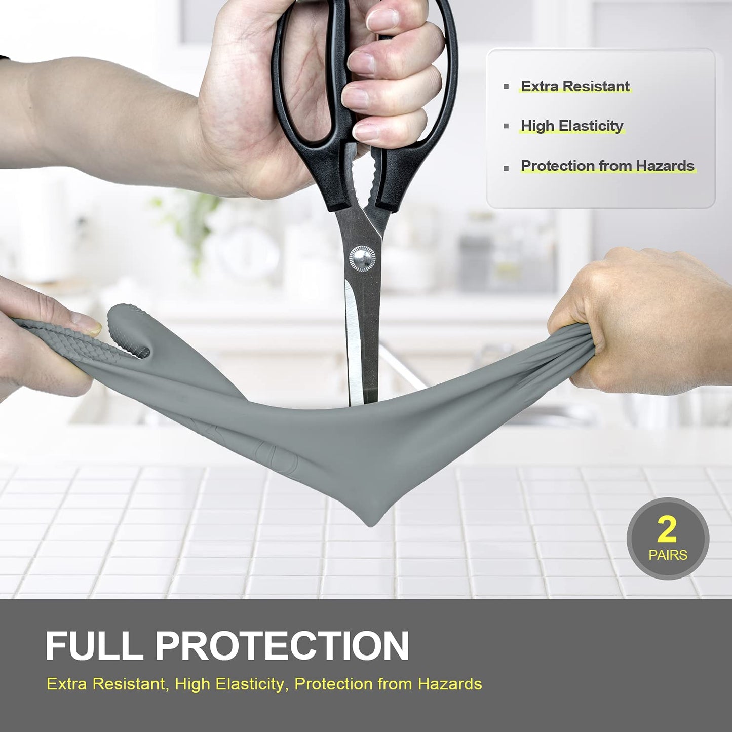 Mamison 2 Pairs Reusable Waterproof Household Dishwashing Cleaning Rubber Gloves, Non-Slip Kitchen Glove (Grey, Large (Pack of 2))