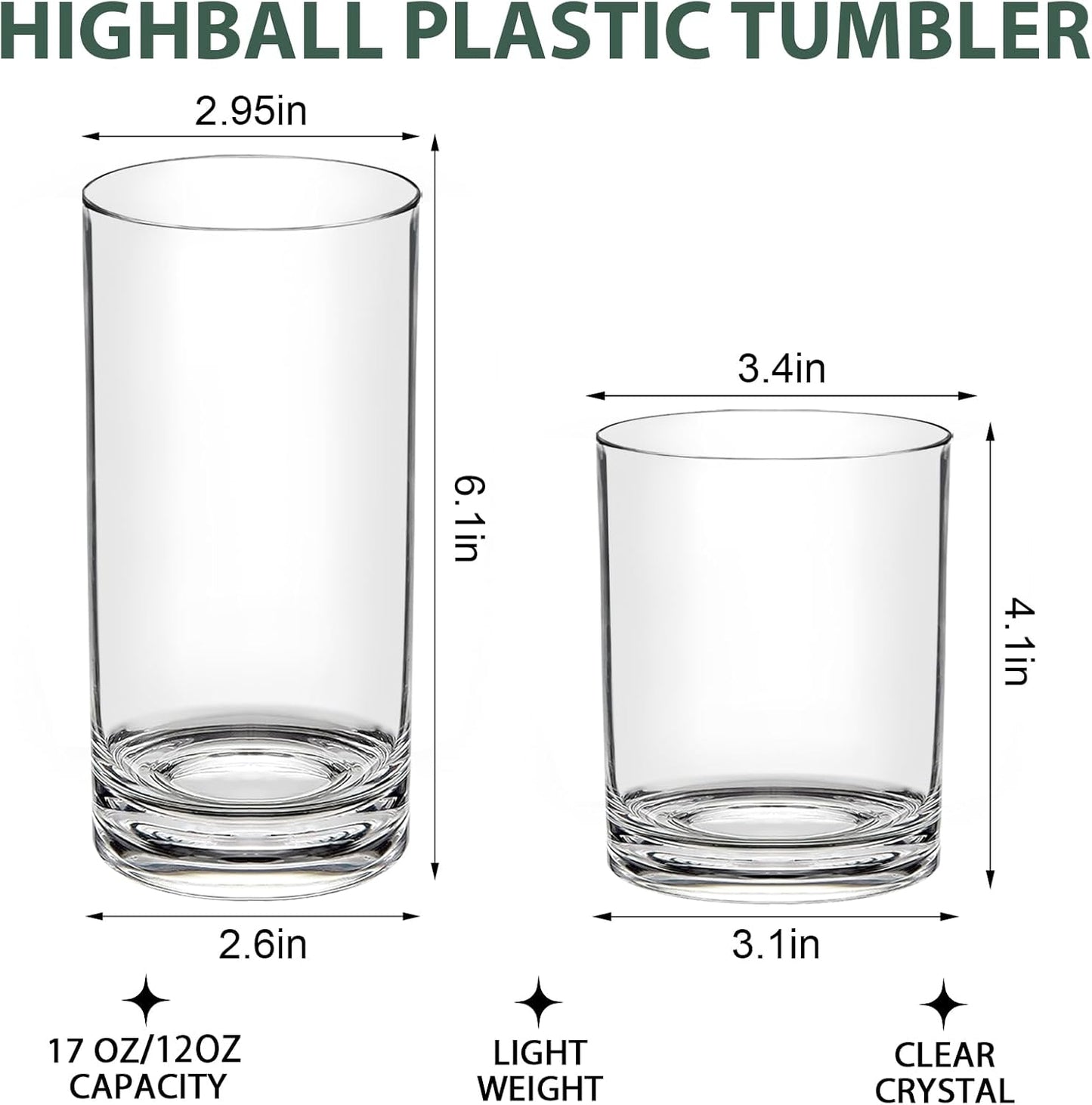 Plastic Cups Reusable Plastic Drinking Glasses Set of 12 - Unbreakable Plastic Tumblers - Acrylic Glasses Drinkware - BPA-Free Dishwasher-Safe - Highball Lowball Mixed Set - 6 Each 12 OZ/17 OZ