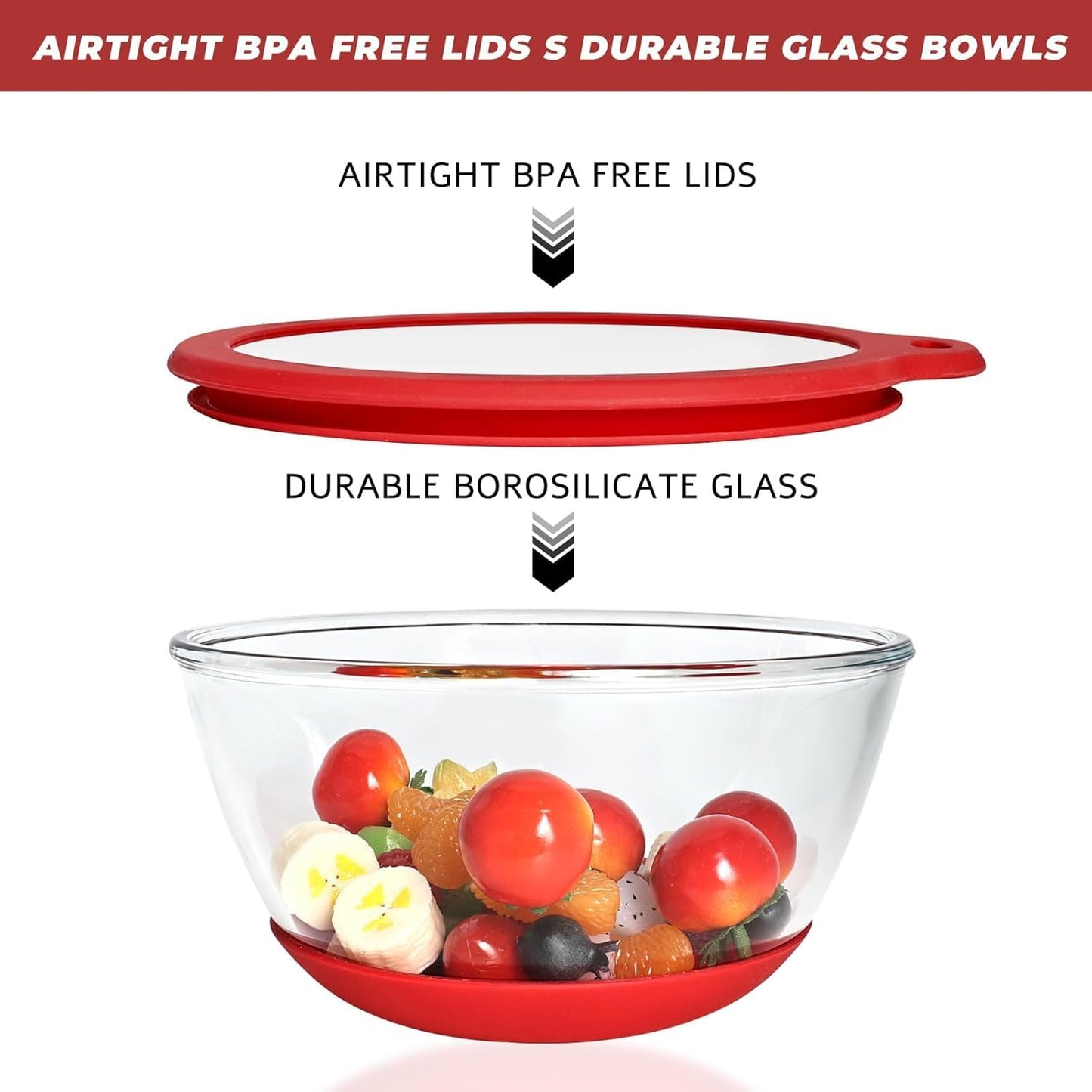 Glass Mixing Bowls Set of 3 with BPA-Free Airtight Lids, Large Nesting Bowls with Non-Slip Silicone Base, Ideal for Food Storage, Dishwasher & Microwave Safe, Sizes: 2, 1, 0.5 QT Red