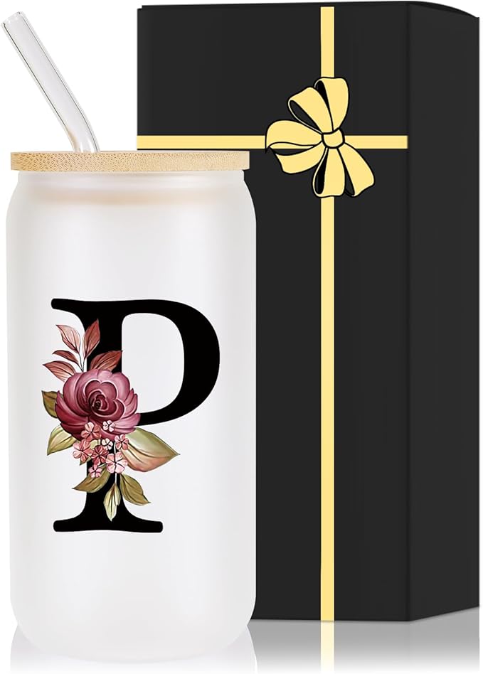 Monogrammed Glass Drinking Cup With Lid Straw Women Teacher Coworker Assistant Principal Christmas Gift Paraprofessional Administrative Professional It Hr Admin Day French Nursing Spanish Swim Latin,P