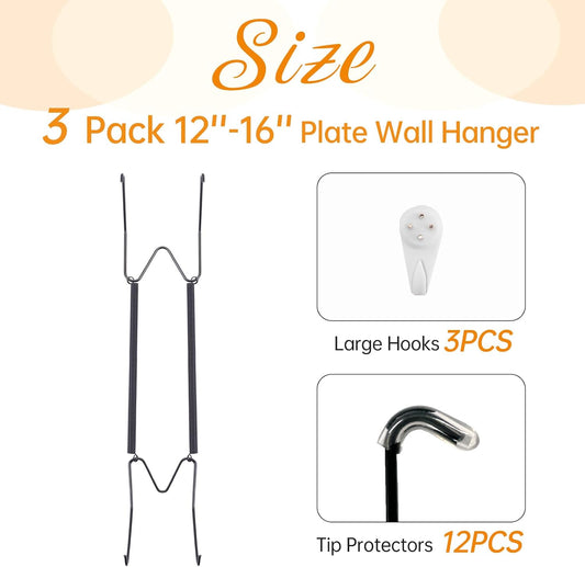 Bilillo 3 Pack Plate Hangers for The Wall, Suitable for 12''-16'' Decorative Plate,Invisible Heavy Duty Wire Plate Holder with Wall Hooks, Plate Hangers for Displaying Plates, Platter, Dish (Black)