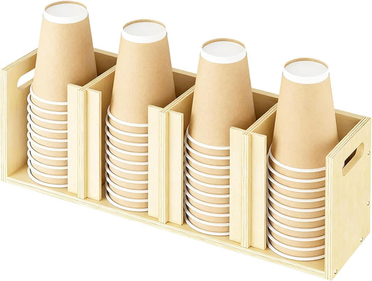 Wood Cup Lid Organizer 4 Compartments with Adjustable Dividers for Counter Wall Mount Disposable Cup and Lid Storage Kitchen Restaurants Fast Food Coffee Shop Supplies (20”W x 7”H x 4.7”D)