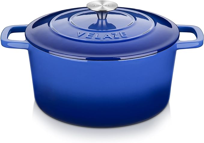 Velaze 6 QT Enameled Dutch Oven Pot with Lid, Cast Iron Dutch Oven with Dual Handles for Sourdough Bread Baking, Cooking, Non-stick Enamel Coated Cookware (Blue)