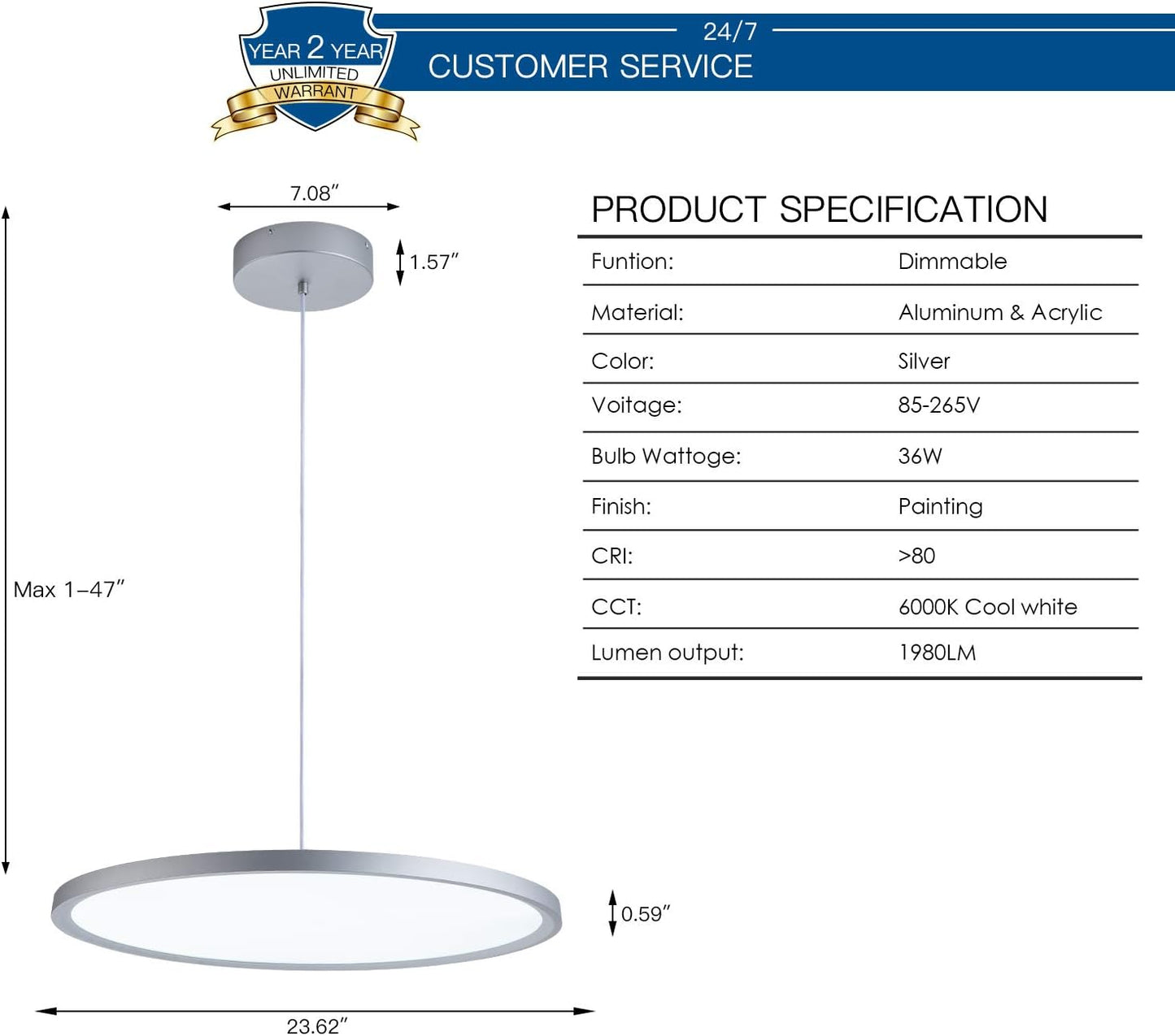 MADEM Modern LED Pendant Light 23.6'' Disc Chandelier Hanging Lighting Fixture with Acrylic Shape Dimmable Contemporary Chandelier 6000K for Office Dining Room Meeting Room Kitchen Island, Silver