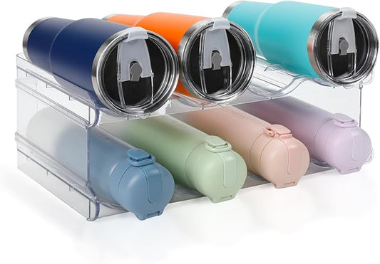 Stackable Water Bottle Organizer, SPOSPO Large Compartment Water Bottle Holder, 2 Tier Clear Water Bottle Organizer for Cabinet, Water Bottle Rack for Kitchen Organization and Storage - Hold 8 Bottles