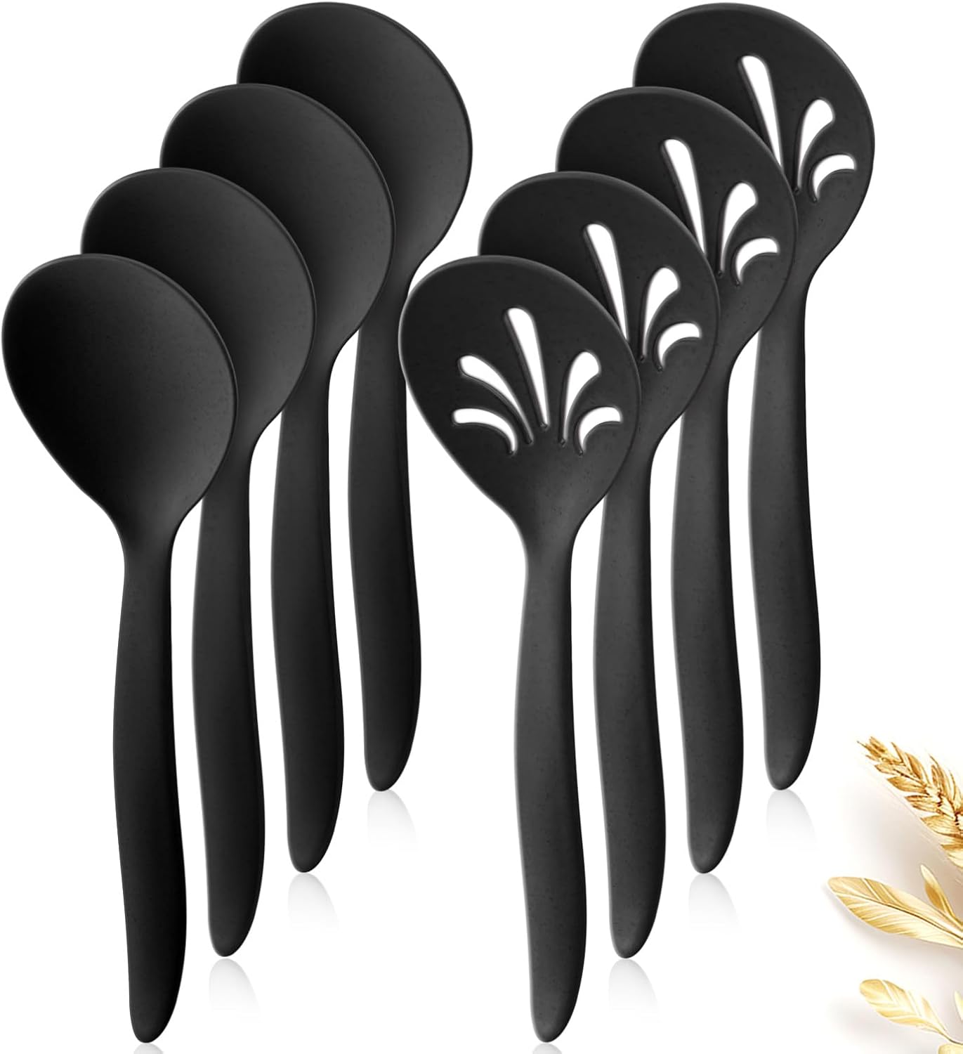 8 Pack 10" Large Reusable Plastic Wheat Straw Serving Spoon Set, 4 Serving Spoons & 4 Slotted Spoons, Kitchen Mixing Serving Spoon for Buffet Chafing Dish Catering (Black, Not for Cooking)