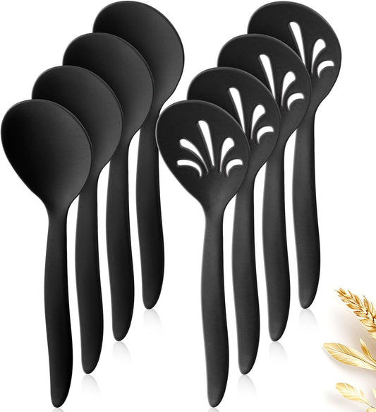 8 Pack 10" Large Reusable Plastic Wheat Straw Serving Spoon Set, 4 Serving Spoons & 4 Slotted Spoons, Kitchen Mixing Serving Spoon for Buffet Chafing Dish Catering (Black, Not for Cooking)