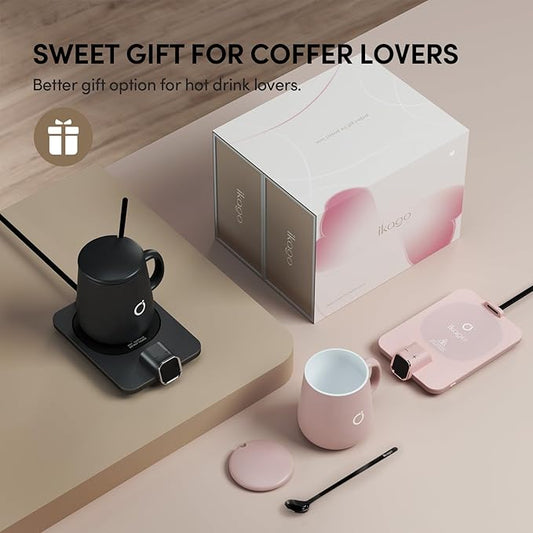 2Pcs Heated Coffee Mug Warmer & Mug Set - Heated Mug Warmer Plates with Auto Shut Off, 1°F Precise Electric Coffee Warmer Plates for Desk, Valentine's Day Gift for Couple, Dark Grey and Pink
