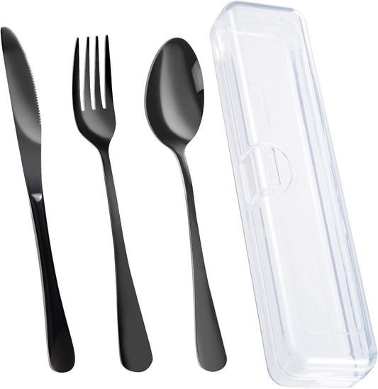 4PCS Premium Travel Utensils With Case, Stainless Steel Reusable Portable Utensils Set With Case, Lengnoyp Travel Silverware Set With Case for Lunch Box Includ Fork Spoon Knife Set, Black